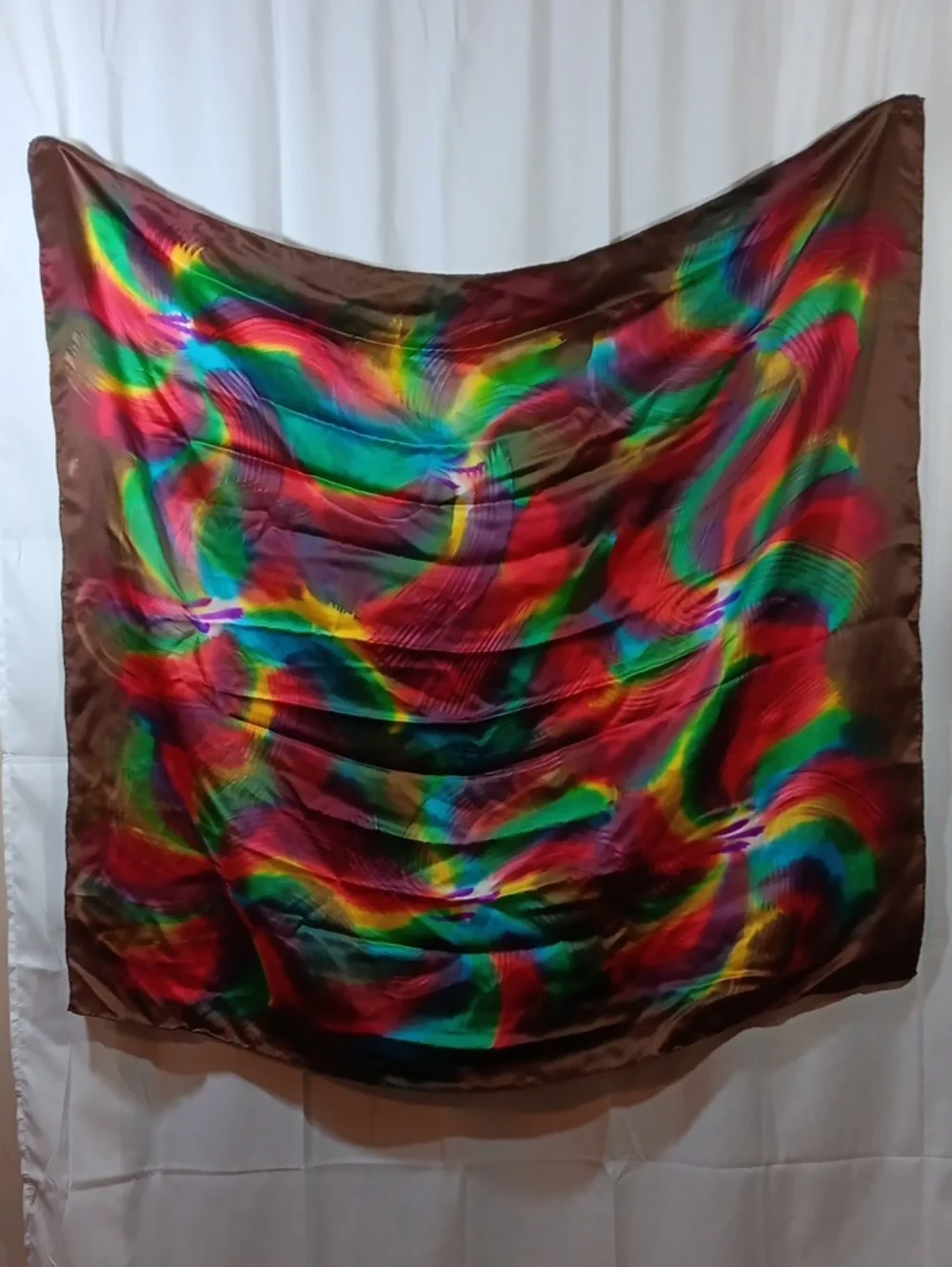Womens Silk Large Scarf Brown Rainbow Boho Neck Sarong Headscarf Festival